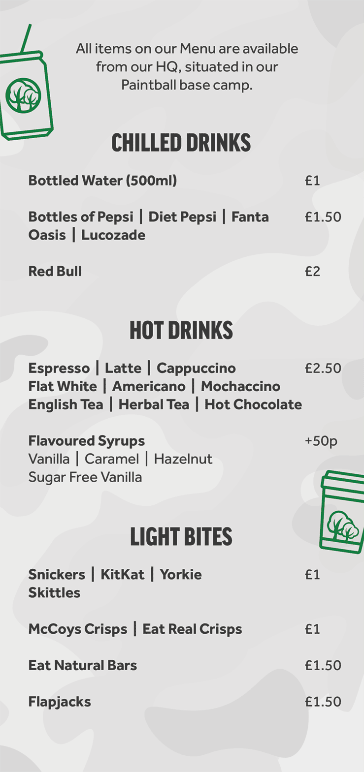 Venue Menu refreshments, upgrades and more GO Paintball London