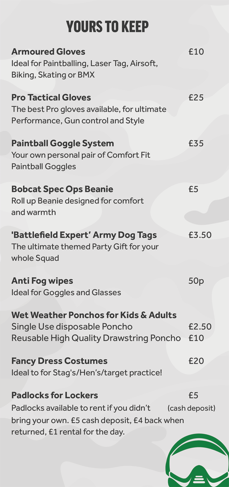 Venue Menu refreshments, upgrades and more GO Paintball London